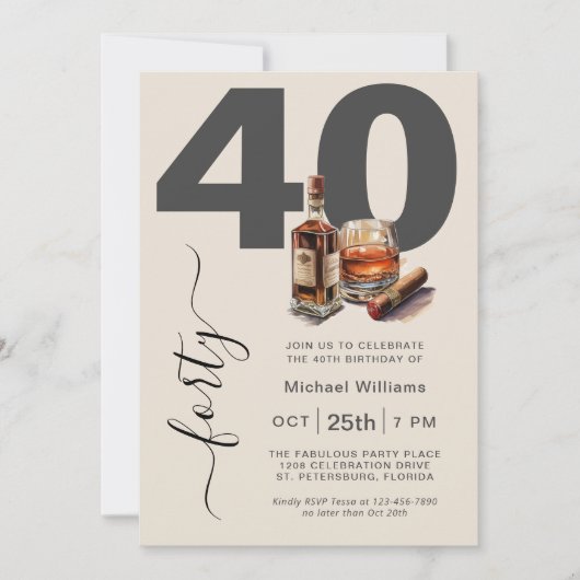 ウイスキーと男らし葉巻40歳の誕生日パーティー 招待状 (正面)