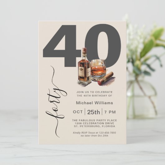 ウイスキーと男らし葉巻40歳の誕生日パーティー 招待状 (スタンド正面)