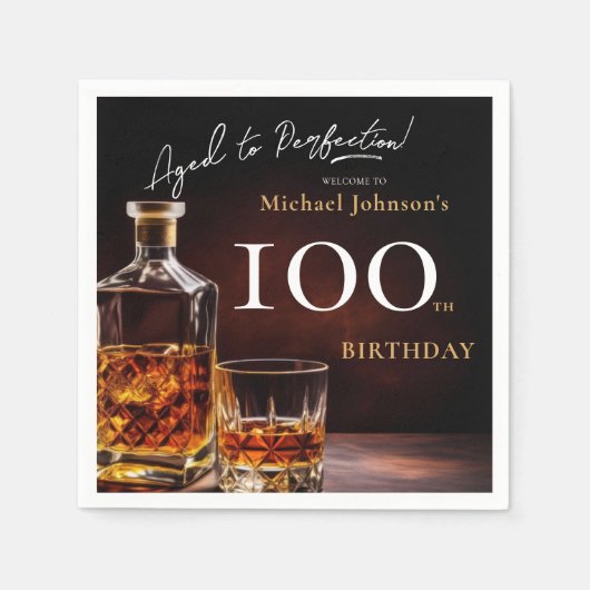 ウイスキーエレガントブラック金ゴールド100th誕生日パーティー スタンダードカクテルナプキン (正面)