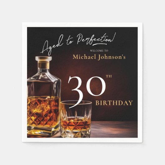 ウイスキーエレガントブラック金ゴールド30th誕生日パーティー昼寝 スタンダードカクテルナプキン (正面)