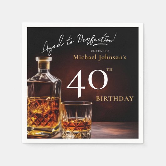 ウイスキーエレガントブラック金ゴールド40th誕生日パーティー昼寝 スタンダードカクテルナプキン (正面)