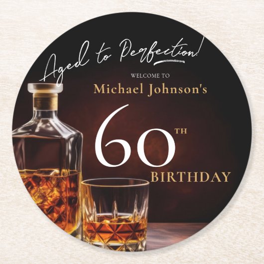 ウイスキーエレガントブラック金ゴールド60th誕生日パーティー ラウンドペーパーコースター (正面)