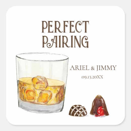 ウイスキーグラスとチョコレートトリュフ 水彩画 スクエアシール (正面)