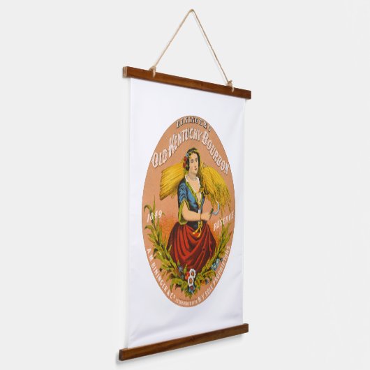 ウイスキー広告のレーベル、1860年頃。 吊り下げ型タペストリー (傾斜あり)