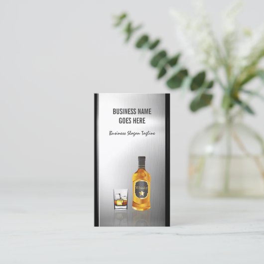 ウイスキー酒屋ブラッシュステンレス鋼メタル 名刺 (スタンド正面)