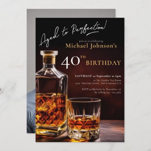 ウイスキー黒金ゴールド写真40歳の誕生日パーティー 招待状 (正面/裏面)