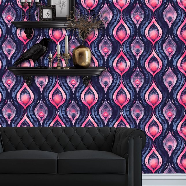 ウイスギグラデーションュエルピーコッインスパイアク 壁紙 (Whimsigoth Ombre Jewel Peacock Inspired Wallpaper behind a black couch.)