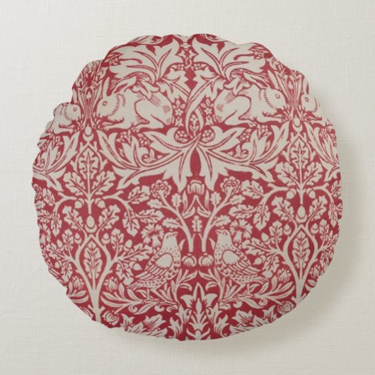 ウイリアムモリスヴィンテージ動物の鳥のウサギピンク ラウンドクッション (正面)