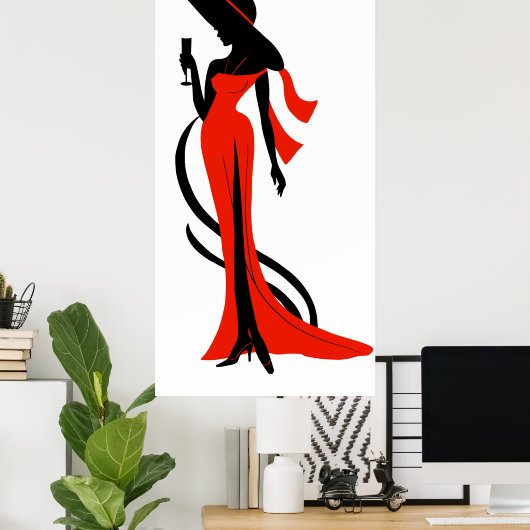 ウインガエレガントラス付きの女性シルエットレッドドレス ポスター (ホームオフィス)