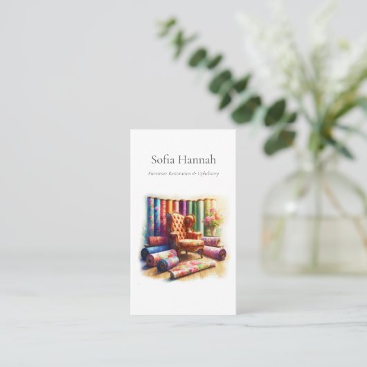 ウイングバックチェア及び布地、家具修復 名刺 (スタンド正面)