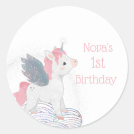 ウイングユニコーン付きピンクのユニコーンのステッカー ラウンドシール