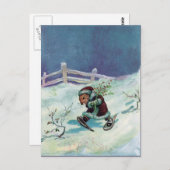 ウインターコートとスノーシューズのウサギ ポストカード (正面/裏面)