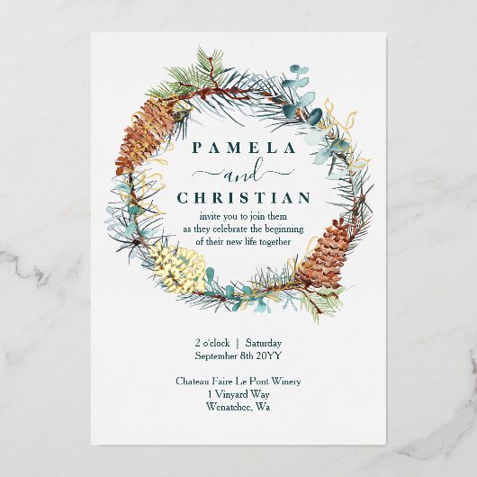 ウインターピネコンリースユーカリ結婚プス 箔招待状 (正面)