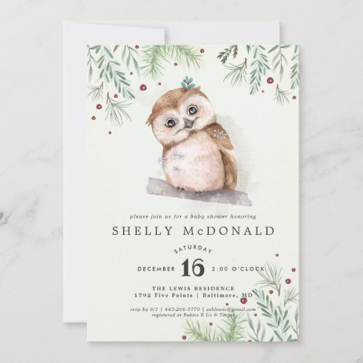 ウインターフクロウベビーシャワー招待状 (正面)