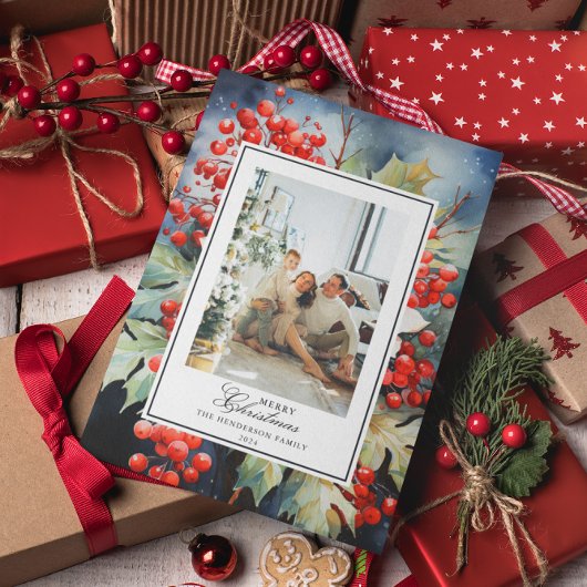 ウインターベリー植物水彩色クリスマスフォト シーズンカード