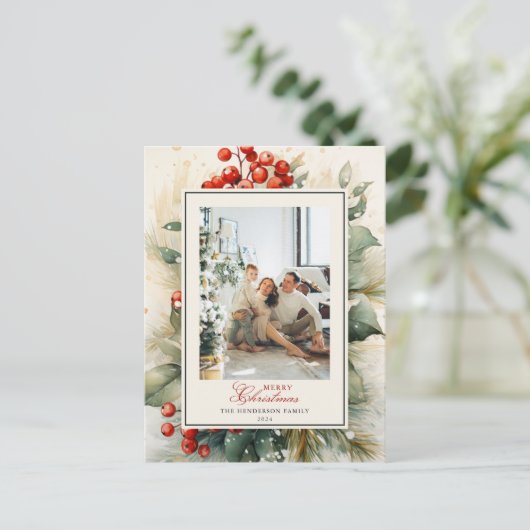 ウインターベリー植物水彩色クリスマスフォト シーズンポストカード (スタンド正面)