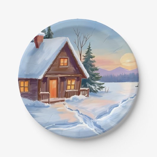 ウインターライフ ウォーターカラー 山小屋 雪景色 ペーパープレート (正面)