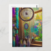 ウインドーかわいらしパープルボホのドリームキャッチャー ポストカード (正面/裏面)