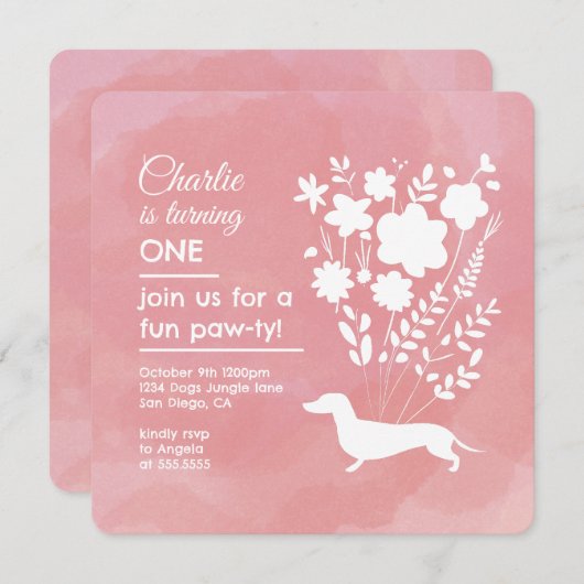 ウインナソーセージ誕生日ガールポーティかわいい子犬 招待状 (正面/裏面)