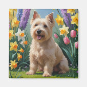 ウェイティンテリアの犬と春の花の絵 マグネット (正面)