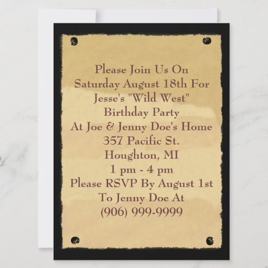 ウェスタンをテーマにしたパーティーへのポスター招待状を希望 招待状 (裏面)