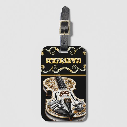 ウェスタンをテーマにしたヴァイオリンデザインイン金ゴールドエレガンス ラゲッジタグ (正面縦)