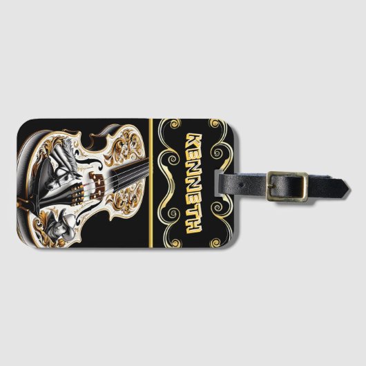 ウェスタンをテーマにしたヴァイオリンデザインイン金ゴールドエレガンス ラゲッジタグ (正面横)