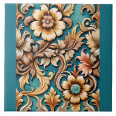 ウェスタンインスパイアフローラアートターコイズティール（緑がかった色） タイル (正面)