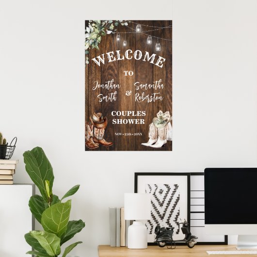ウェスタンウェルカムブーツハットカントリーカップルシャワー ポスター (ホームオフィス)