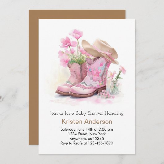 ウェスタンウォーターカラードリーミー女性のカーボーイベビーシャワー 招待状 (正面/裏面)