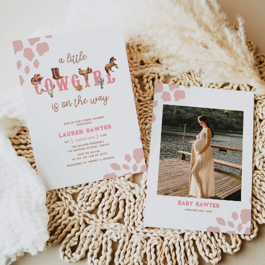 ウェスタンウォーターカラーフォトベビーガールシャワー 招待状