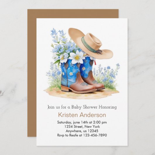 ウェスタンウォーターカラーブーツとハットベビーシャワー 招待状 (正面/裏面)