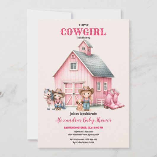 ウェスタンウォーターカラーベビーガールシャワー 招待状 (正面)