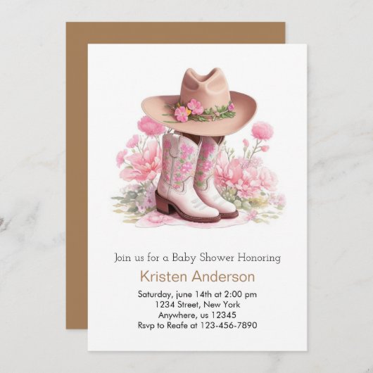 ウェスタンウォーターカラーワイルドフラワー女性のカーボーイベビーシャワー 招待状 (正面/裏面)