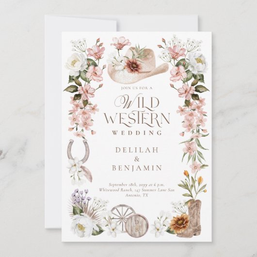 ウェスタンエレガントウォータカラーフローラカウボーイ結婚ズ 招待状 (正面)