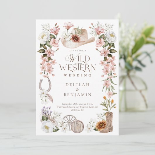 ウェスタンエレガントウォータカラーフローラカウボーイ結婚ズ 招待状 (スタンド正面)