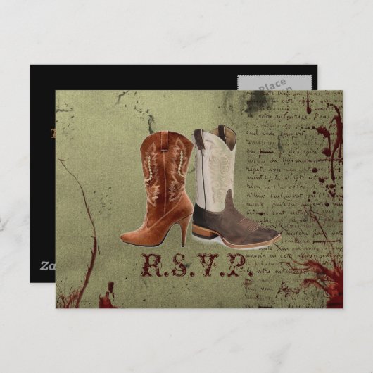 ウェスタンカウボーイのブーツを引っ掛け結婚る インビテーションポストカード (正面/裏面)
