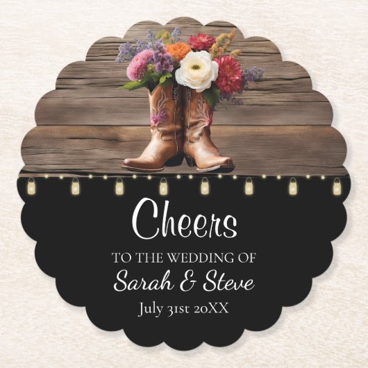 ウェスタンカウボーイブーツフローラエレガントな結婚式 ペーパーコースター (正面)
