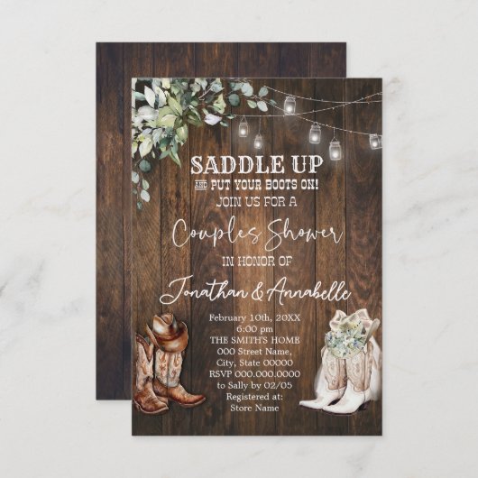 ウェスタンカップルシャワー招待状素朴カウボーイ 出欠カード (正面/裏面)