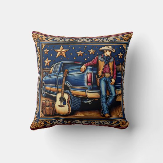 ウェスタンカントリーシンガーギターとトラックブルー クッション (裏面)