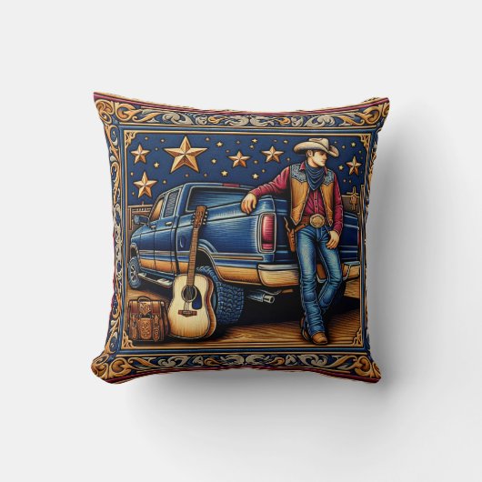 ウェスタンカントリーシンガーギターとトラックブルー クッション (正面)