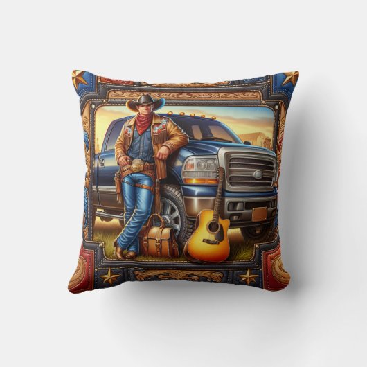ウェスタンカントリーシンガーギタートラックレザープリント クッション (裏面)