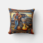 ウェスタンカントリーシンガーギタートラックレザープリント クッション (正面)