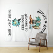 ウェスタンカントリー女性のカーボーイブーツティール（緑がかった色）牡丹バブリー タペストリー (インサイチュ(横))