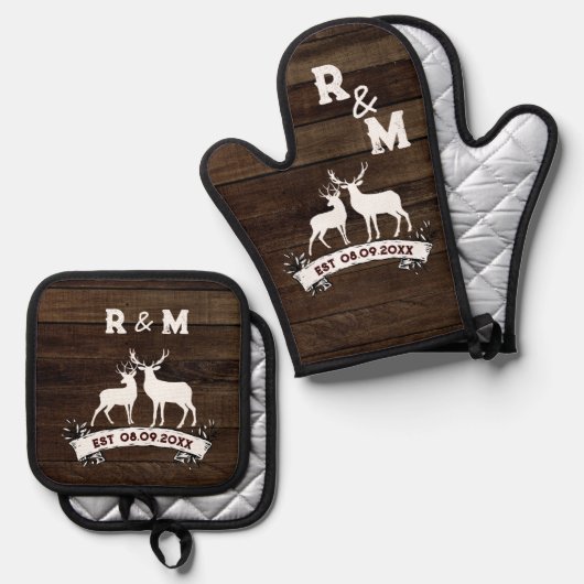 ウェスタンカントリー 鹿のシルエット アニバーサリー エスト ご夫婦様 鍋つかみ&鍋敷きセット (正面/裏面)
