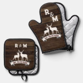 ウェスタンカントリー 鹿のシルエット アニバーサリー エスト ミスター&ミセス 鍋つかみ&鍋敷きセット (正面/裏面)