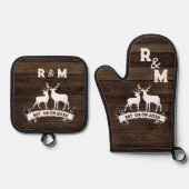 ウェスタンカントリー 鹿のシルエット 結婚記念日 Mr. and Mrs. 鍋つかみ&鍋敷きセット (正面)