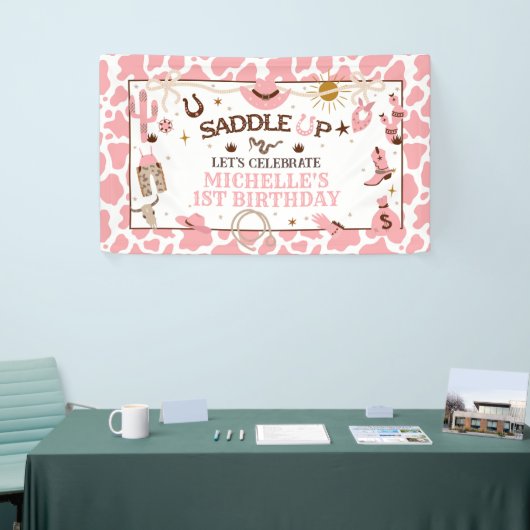 ウェスタンガールファーストロデオピンク誕生日バナー 横断幕 (トレードショー)