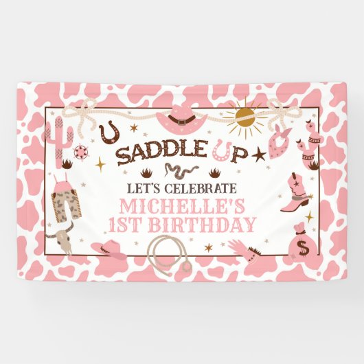 ウェスタンガールファーストロデオピンク誕生日バナー 横断幕 (横)