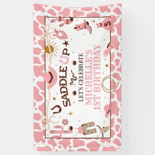 ウェスタンガールファーストロデオピンク誕生日バナー 横断幕 (縦)